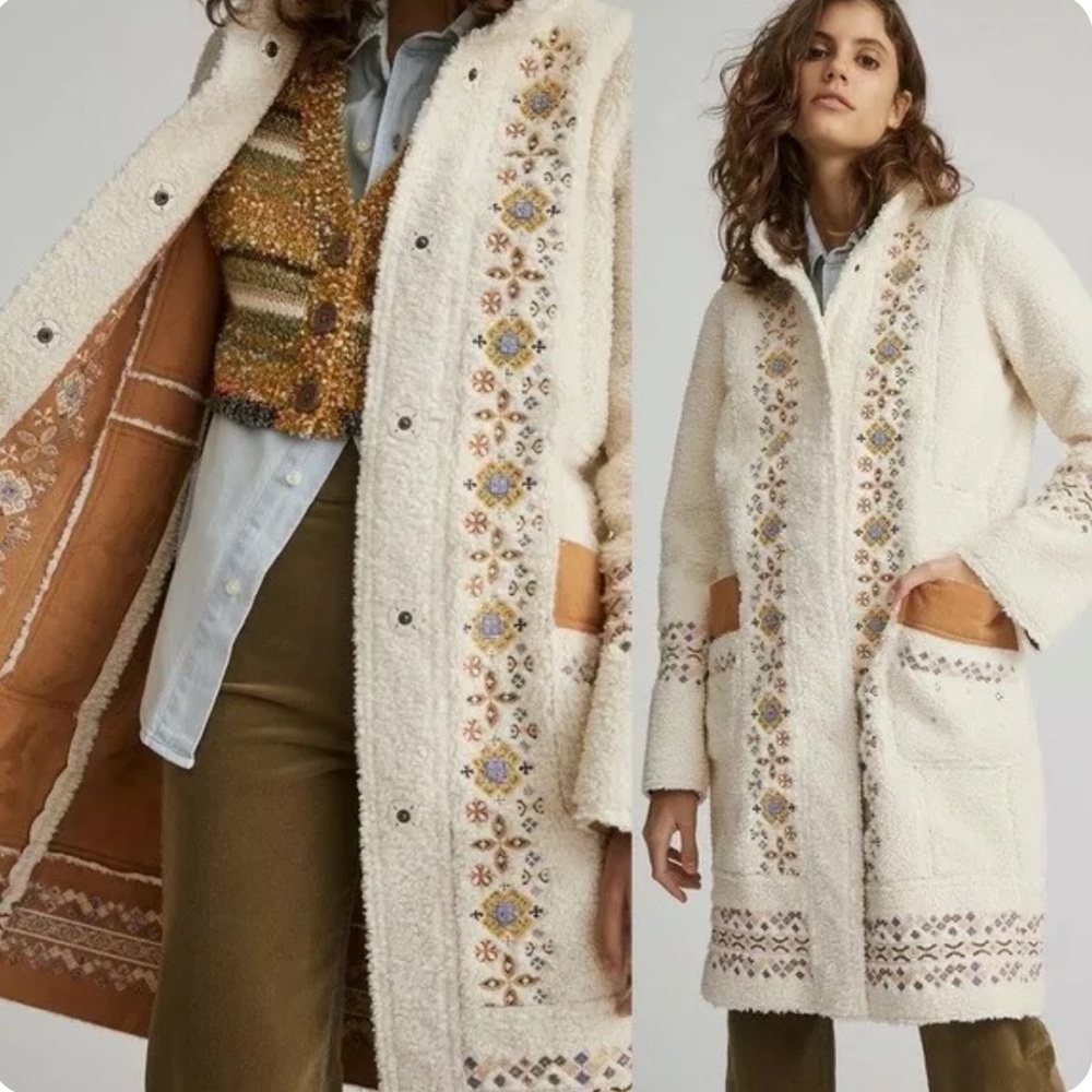 Anthropologie Maeve Embroidered Sherpa Jacket Shoat